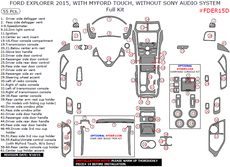 Ford Explorer 2015, With MyFord Touch, Without Sony Audio System, Full Interior Kit, 55 Pcs. dash trim kits options