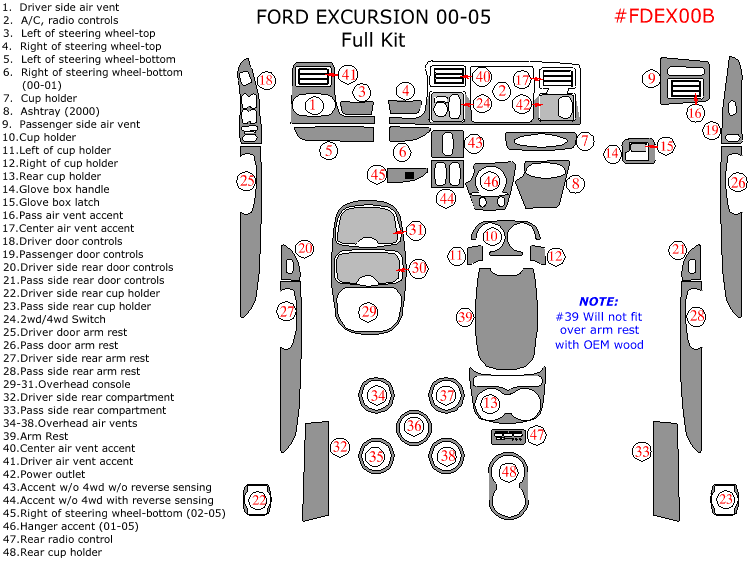 Ford Excursion 2000, 2001, 2002, 2003, 2004, 2005, Full Interior Kit, 48 Pcs. dash trim kits options