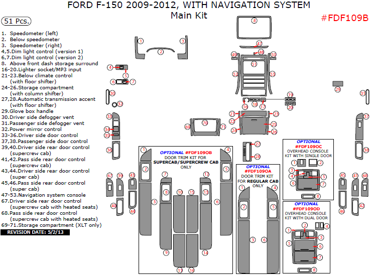Ford F-150 2009, 2010, 2011, 2012, With Navigation System, Main Interior Kit, 51 Pcs. dash trim kits options