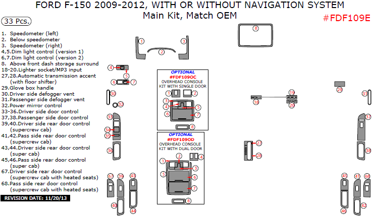 Ford F-150 2009, 2010, 2011, 2012, With Or Without Navigation System, Main Interior Kit, 33 Pcs., Match OEM dash trim kits options