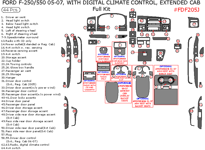 Ford F-250, F-550 2005, 2006, 2007, Without OEM, With Digital Climate Control, Extended Cab, Full Interior Kit, 44 Pcs dash trim kits options