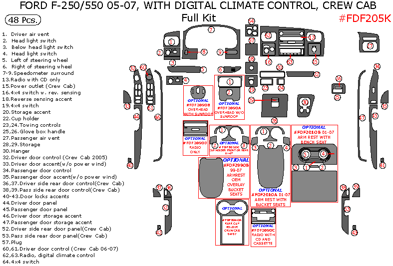 Ford F-250, F-550 2005, 2006, 2007, Without OEM, With Digital Climate Control, Crew Cab, Full Interior Kit, 48 Pcs dash trim kits options