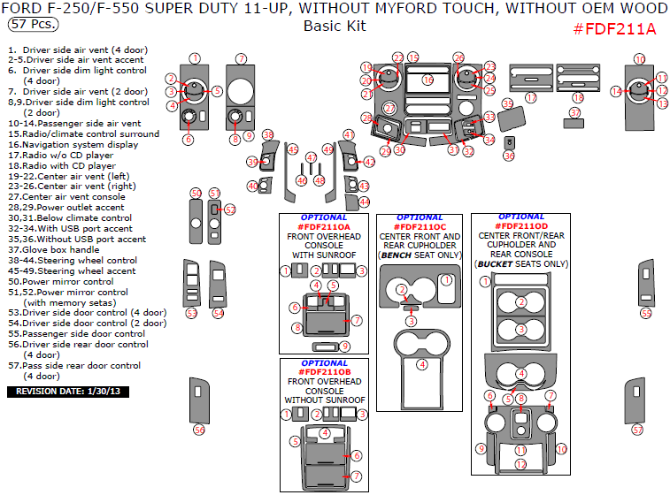 Ford F-250, F-550 2011, 2012, 2013, 2014, 2015, 2016, Without MyFord Touch, Without OEM Wood, Basic Interior Kit, 57 Pcs. dash trim kits options