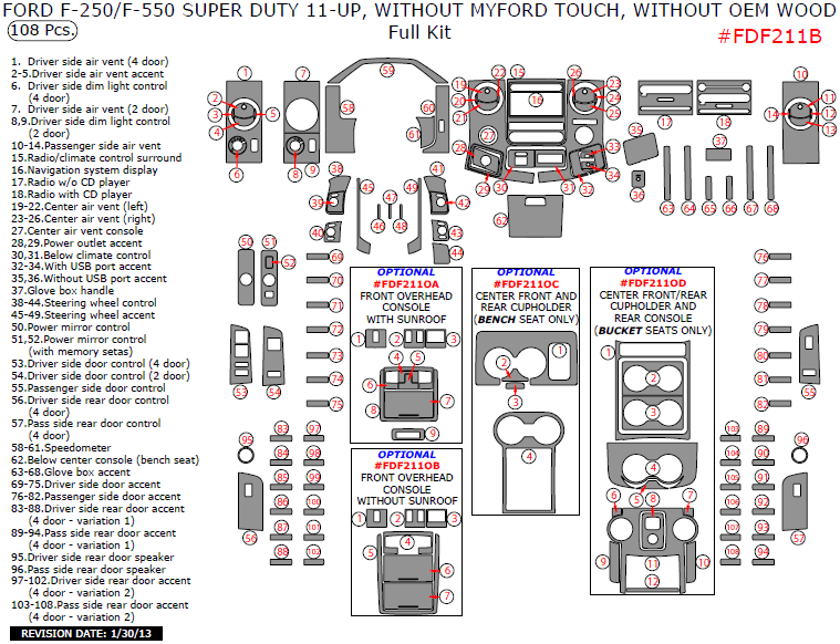 Ford F-250, F-550 2011, 2012, 2013, 2014, 2015, 2016, Without MyFord Touch, Without OEM Wood, Full Interior Kit, 108 Pcs. dash trim kits options