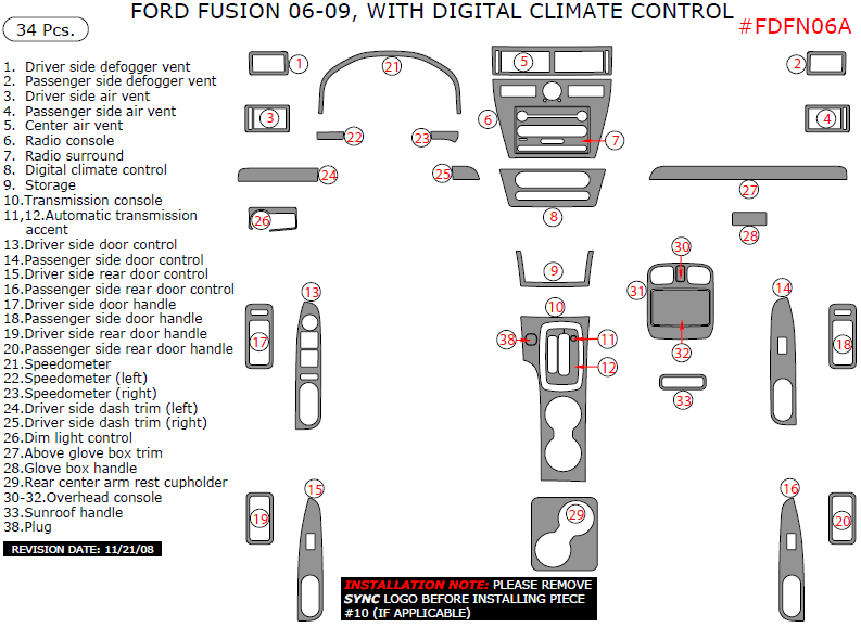 Ford Fusion 2006, 2007, 2008, 2009, Interior Dash Kit, With Digital Climate Control, 34 Pcs, dash trim kits options