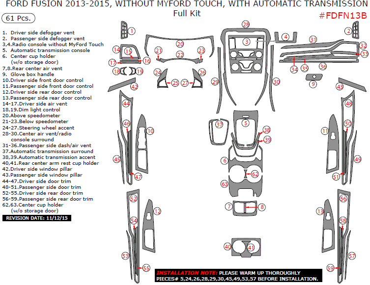 Ford Fusion 2013, 2014, 2015, Without MyFord Touch, With Automatic Transmission, Full Interior Kit, 61 Pcs. dash trim kits options