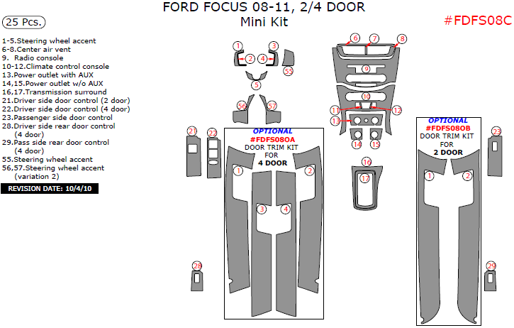 Ford Focus 2008, 2009, 2010, 2011, 2/4 Door, Mini Interior Kit, 25 Pcs. dash trim kits options