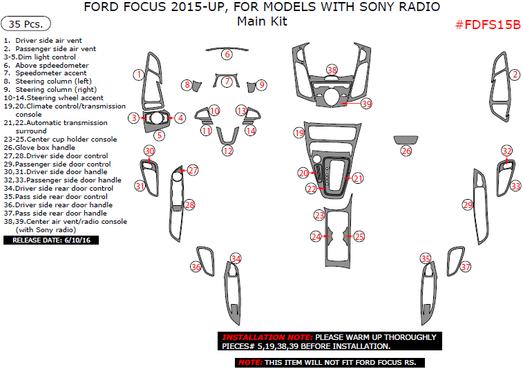 Ford Focus 2015, 2016, 2017, For Models With Sony Radio, Main Interior Kit, 35 Pcs. dash trim kits options