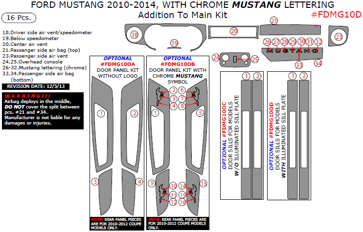 Ford Mustang 2010, 2011, 2012, 2013, 2014, With Chrome "Mustang" Lettering, Addition To Main Interior Kit, 16 Pcs. dash trim kits options