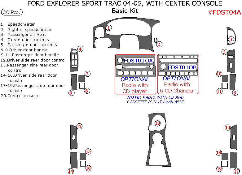 Ford Explorer Sport Trac 2004-2005, Basic Interior Kit, With Center Console Interior Kit, 20 Pcs. dash trim kits options