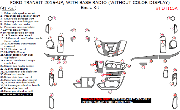 Ford Transit 2015-2016, With Base Radio (Without Color Display), Basic Interior Kit, 41 Pcs. dash trim kits options