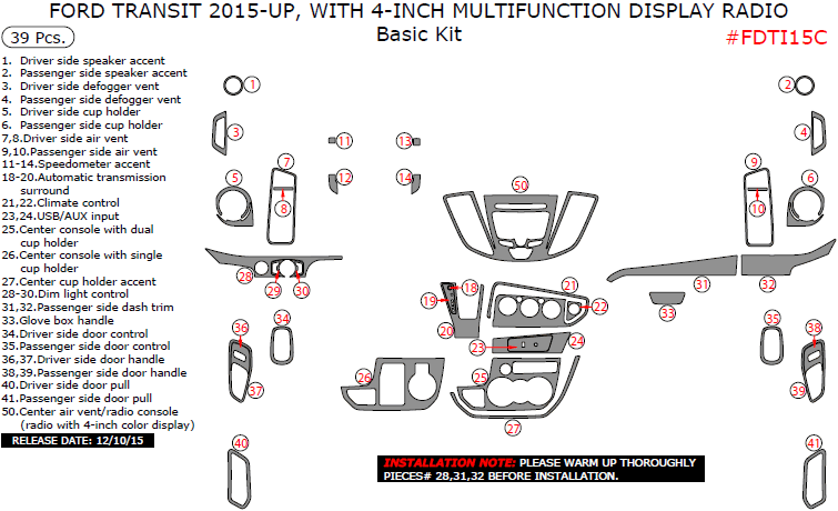 Ford Transit 2015-2016 With 4-Inch Multifunction Display Radio, Basic Interior Kit, 39 Pcs. dash trim kits options
