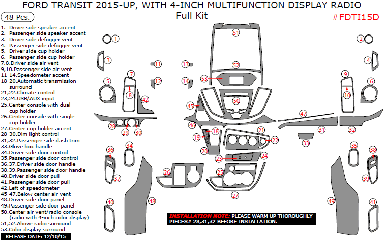 Ford Transit 2015-2016 With 4-Inch Multifunction Display Radio, Full Interior Kit, 48 Pcs. dash trim kits options