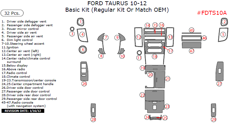 Ford Taurus 2010, 2011, 2012, Basic Interior Kit (Regular Kit Or Match OEM), 32 Pcs. dash trim kits options