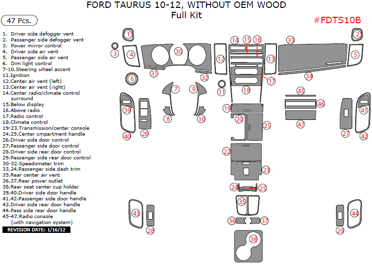 Ford Taurus 2010, 2011, 2012, Full Interior Kit (Without OEM Wood), 47 Pcs. dash trim kits options