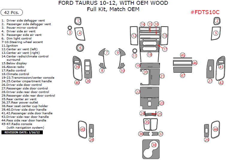 Ford Taurus 2010, 2011, 2012, Full Interior Kit (With OEM Wood), 42 Pcs., Match OEM dash trim kits options