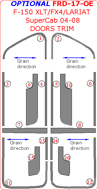 Ford F-150 2004, 2005, 2006, 2007, 2008, XLT/FX4/Lariat, Interior Dash Kit, SuperCab Optional Doors Trim, 16 Pcs. dash trim kits options