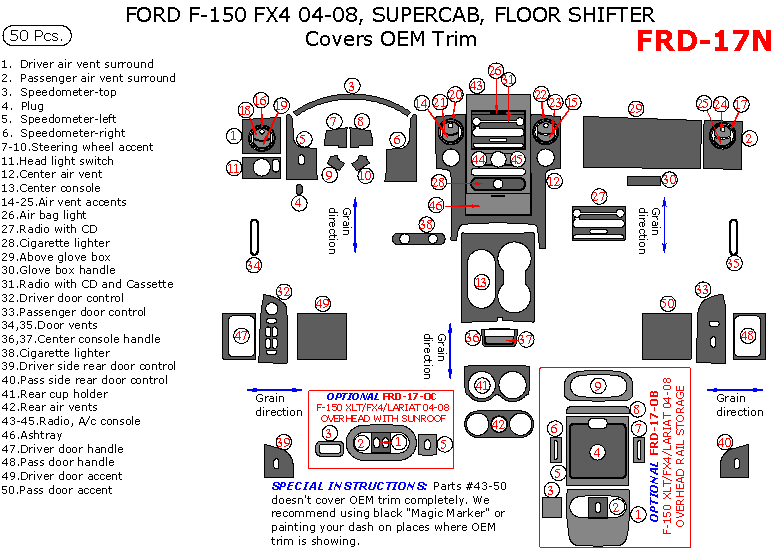 Ford F-150 2004, 2005, 2006, 2007, 2008, Interior Dash Kit, FX4, SuperCab, Floor Shifter, Covers OEM Trim, 50 Pcs. dash trim kits options