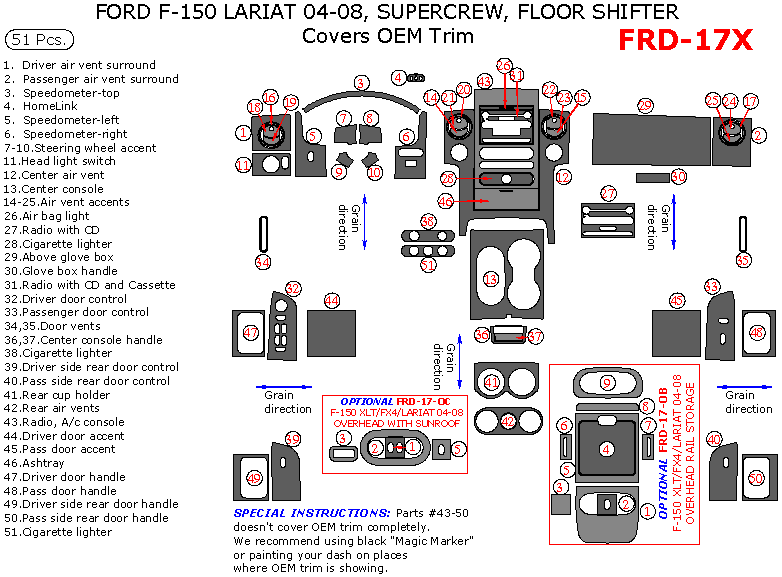 Ford F-150 2004, 2005, 2006, 2007, 2008, Interior Dash Kit, LARIAT/KING RANCH, SuperCrew, Floor Shifter, Covers OEM Trim, 50 Pcs. dash trim kits options