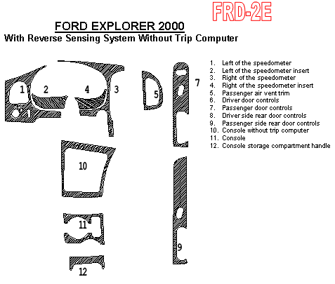 Ford Explorer 1997, 1998, 1999, 2000, 2001, With Reverse Sensing System, Full Interior Kit, 4 Door, Without Trip Computer, 12 Pcs. dash trim kits options