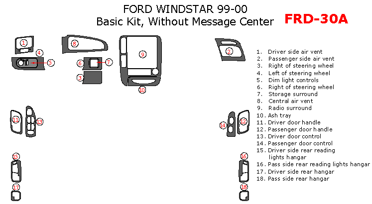Ford Windstar 1999-2000, Basic Interior Kit, Without Message Center, 18 Pcs. dash trim kits options
