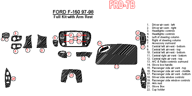 Ford F-150 1997-1998, Interior Dash Kit, With Armrest, With Glove Box, 22 Pcs. dash trim kits options