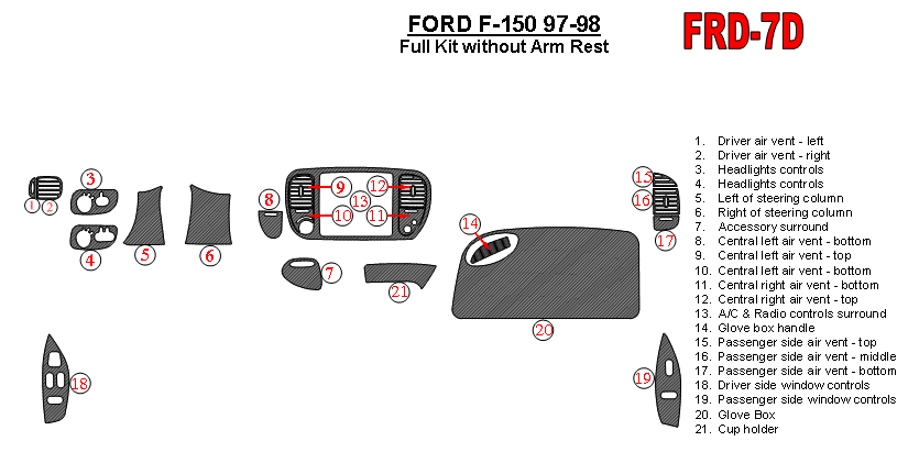 Ford F-150 1997-1998, Interior Dash Kit, Without Armrest With Glove Box, 21 Pcs. dash trim kits options