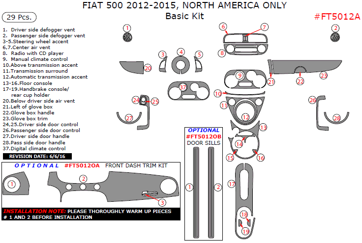 Fiat 500 2012, 2013, 2014, 2015, Basic Interior Kit (North America Only), 29 Pcs. dash trim kits options