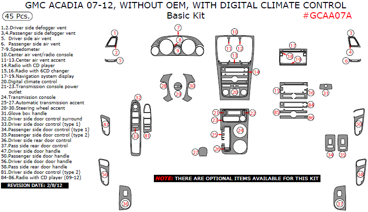 GMC Acadia 2007, 2008, 2009, 2010, 2011, 2012, Without OEM, With Digital Climate Control, Basic Interior Kit, 45 Pcs. dash trim kits options