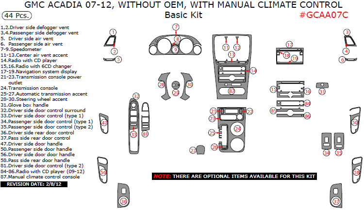 GMC Acadia 2007, 2008, 2009, 2010, 2011, 2012, Without OEM, With Manual Climate Control, Basic Interior Kit, 44 Pcs. dash trim kits options