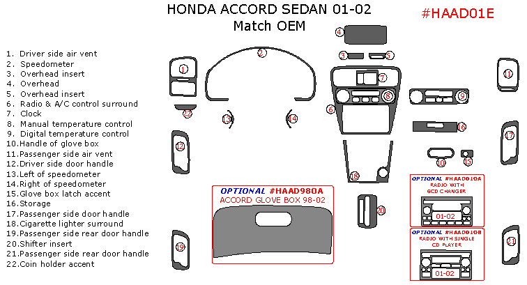 Honda Accord 2001-2002, Interior Dash Kit, Sedan, 22 Pcs., Match OEM dash trim kits options