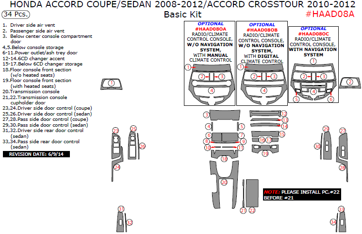 Honda Accord (2008, 2009, 2010, 2011, 2012) / Crosstour (2010, 2011, 2012), (Sedan/Coupe/Crosstour) Basic Interior Kit, 34 Pcs. dash trim kits options