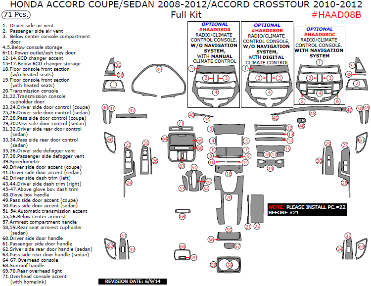 Honda Accord (2008, 2009, 2010, 2011, 2012) / Crosstour (2010, 2011, 2012), (Sedan/Coupe/Crosstour) Full Interior Kit, 71 Pcs. dash trim kits options