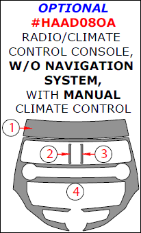 Honda Accord 2008, 2009, 2010, 2011, 2012 / Crosstour 2010-2012, (Sedan/Coupe/Crosstour) Optional Radio/Climate Control Console Interior Kit, W/o Navigation System, With Manual Climate Control, 4 Pcs. dash trim kits options