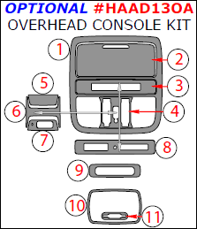 Honda Accord Coupe/Sedan 2013, 2014, 2015, 2016, 2017, Optional Overhead Console Interior Kit, 11 Pcs. dash trim kits options