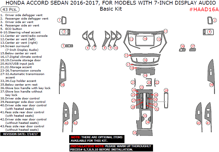 Honda Accord Sedan 2016-2017, For Models With 7-Inch Display Audio, Basic Interior Kit, 43 Pcs. dash trim kits options