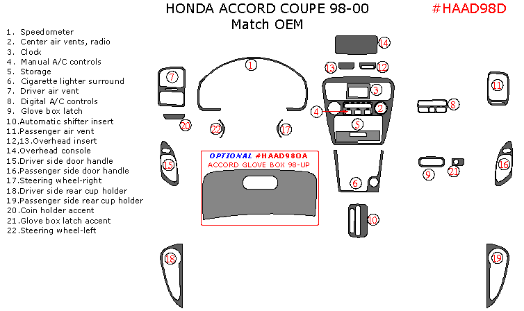 Honda Accord 1998, 1999, 2000, Coupe, Interior Dash Kit, Addition To OEM, 22 Pcs., Match OEM dash trim kits options
