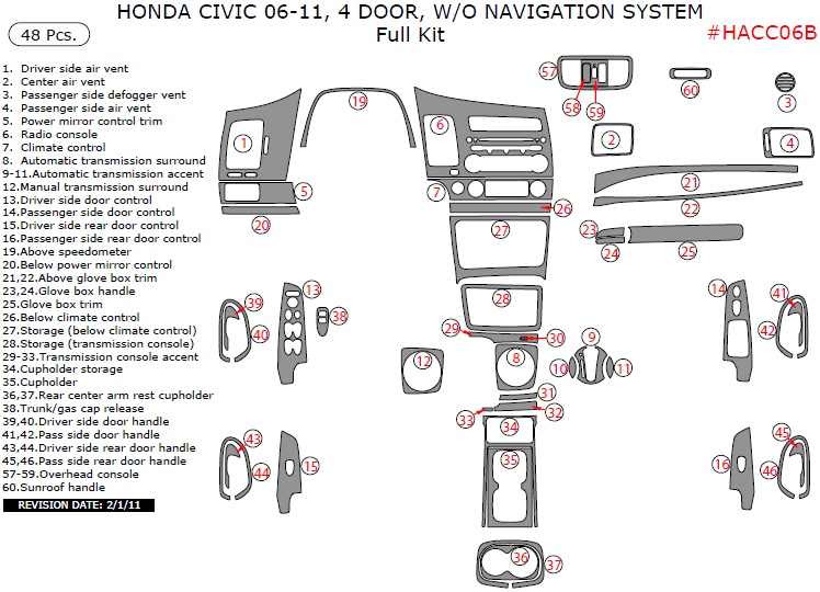 Honda Civic 2006, 2007, 2008, 2009, 2010, 2011, 4 Door, W/o Navigation System, Full Interior Kit, 48 Pcs. dash trim kits options