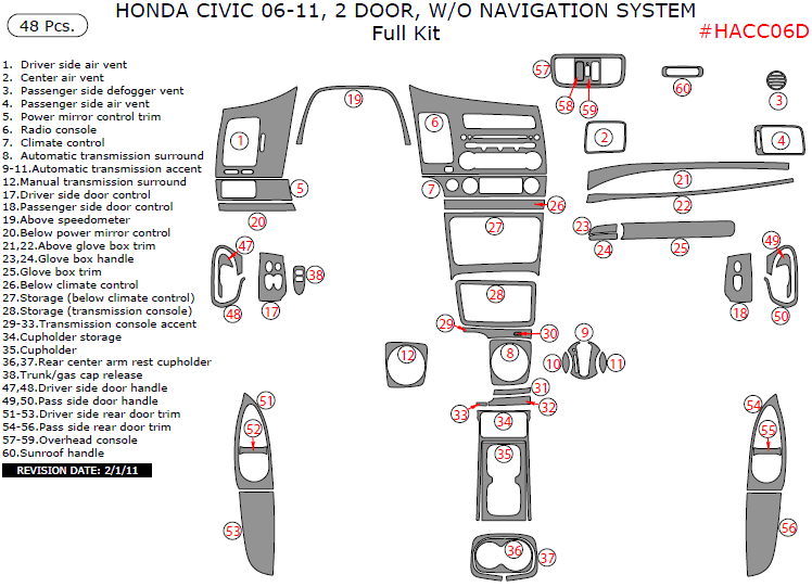 Honda Civic 2006, 2007, 2008, 2009, 2010, 2011, 2 Door, W/o Navigation System, Full Interior Kit, 48 Pcs. dash trim kits options