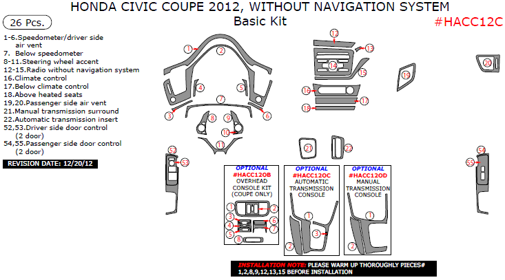 Honda Civic 2012, Without Navigation System, Basic Interior Kit (Coupe Only), 26 Pcs. dash trim kits options