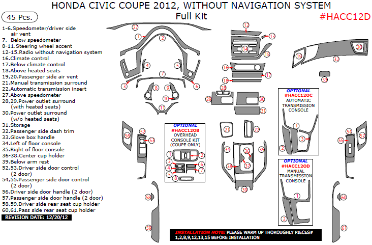 Honda Civic 2012, Without Navigation System, Full Interior Kit (Coupe Only), 45 Pcs. dash trim kits options
