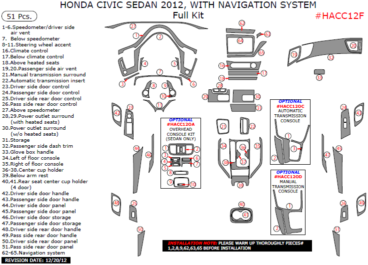 Honda Civic 2012, With Navigation System, Full Interior Kit (Sedan Only), 51 Pcs. dash trim kits options