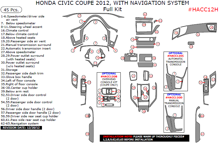 Honda Civic 2012, With Navigation System, Full Interior Kit (Coupe Only), 45 Pcs. dash trim kits options