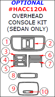 Honda Civic 2012, 2013, 2014, 2015, Optional Overhead Console Interior Kit (Sedan Only), 10 Pcs. dash trim kits options