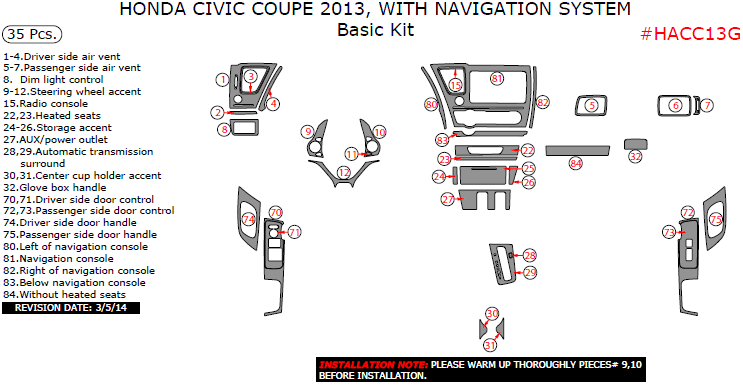 Honda Civic 2013, With Navigation System, Basic Interior Kit (Coupe Only), 35 Pcs. dash trim kits options