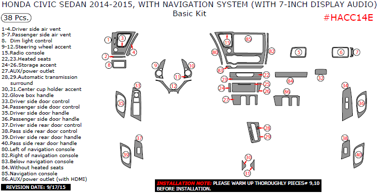 Honda Civic 2014-2015, With Navigation System (With 7-Inch Display Audio), Basic Interior Kit (Sedan Only), 38 Pcs. dash trim kits options