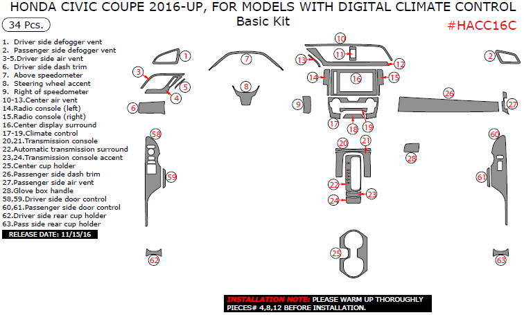 Honda Civic Coupe 2016, 2017, For Models With Digital Climate Control, Basic Interior Kit, 34 Pcs. dash trim kits options
