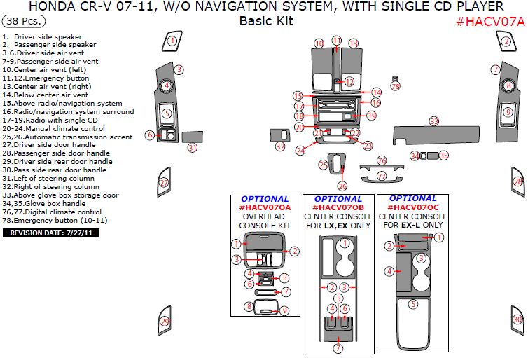 Honda CR-V 2007, 2008, 2009, 2010, 2011, Without Navigation System, With Single CD Player, Basic Interior Kit, 38 Pcs. dash trim kits options