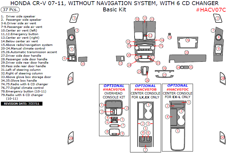 Honda CR-V 2007, 2008, 2009, 2010, 2011, Without Navigation System, With 6 CD Changer, Basic Interior Kit, 37 Pcs. dash trim kits options