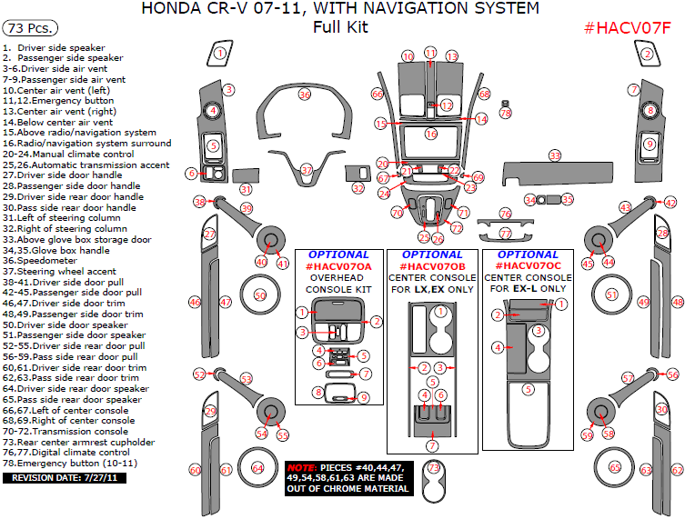 Honda CR-V 2007, 2008, 2009, 2010, 2011, With Navigation System, Full Interior Kit, 73 Pcs. dash trim kits options
